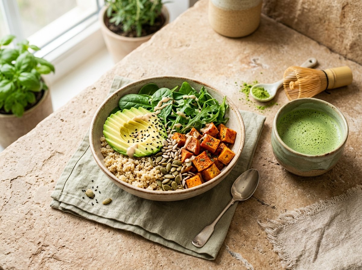 Fresh wholesome nutrition ingredients, vibrant greens, and mindful wellness bowl